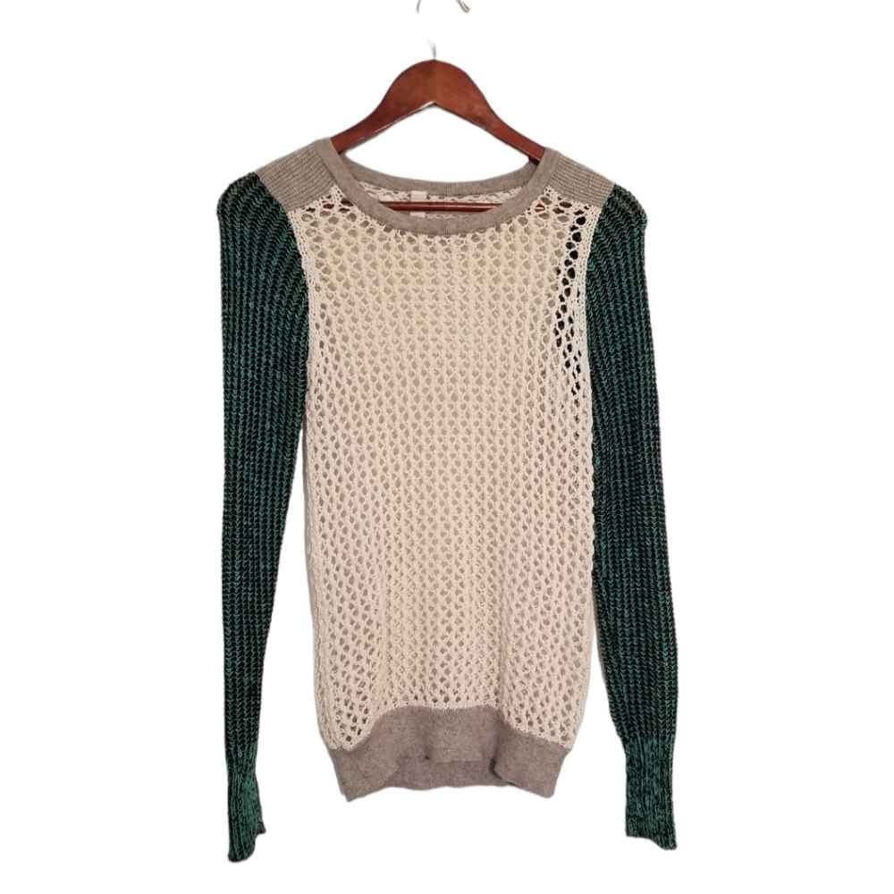 SI IAE Open Knit Colorblock Sweater White Green/Black Sleeves, Gray Trim